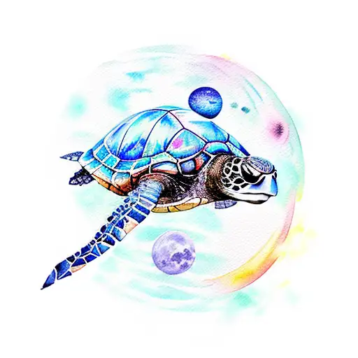Watercolor, sea turtle, space, full moon, galaxy, bright, vibrant tattoo design idea
