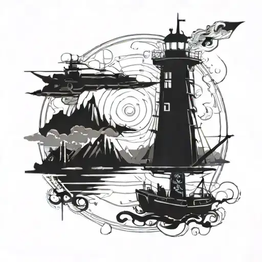 Incorporate elements from Skyrim and Fallout into a futuristic naval scene tattoo design idea