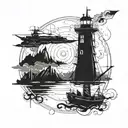 Incorporate elements from Skyrim and Fallout into a futuristic naval scene tattoo design idea