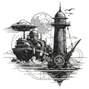 Incorporate elements from Skyrim and Fallout into a futuristic naval scene tattoo design idea