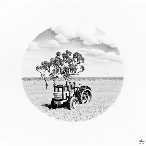 A detailed silhouette of a tractor against the vast outback landscape tattoo design idea