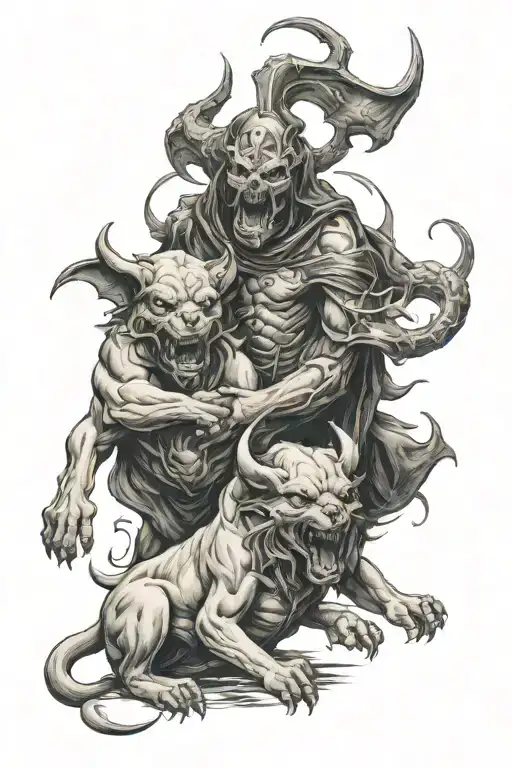 satan and reaper and demon and Cerberus tattoo design idea