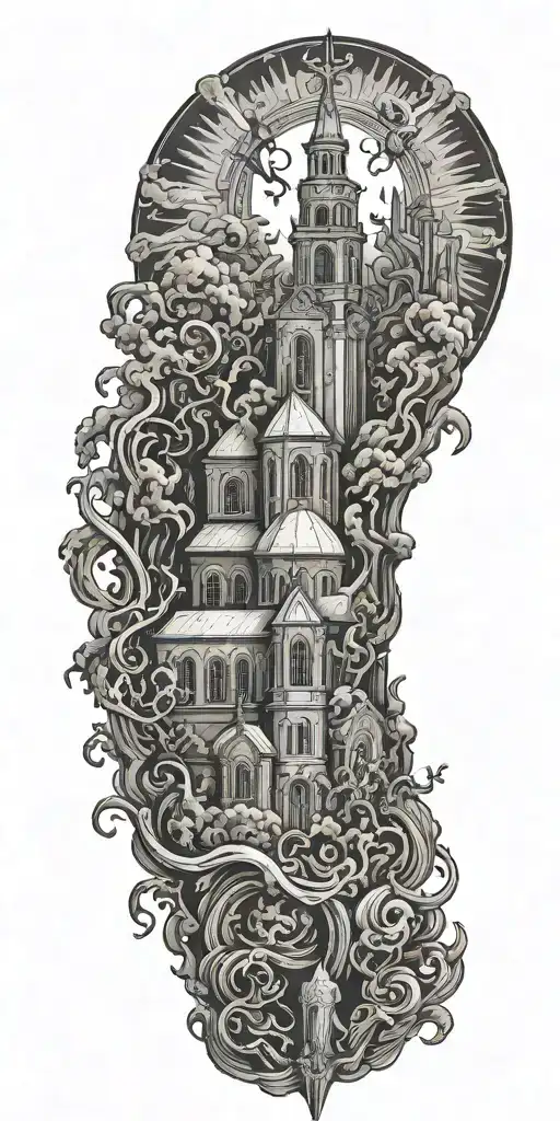 Burning catholic churce in a landscape with satanic creatures around it tattoo design idea
