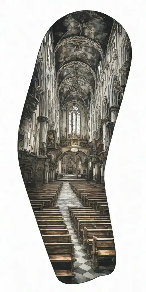 The inside of a catholic church, where you can see the benches aswell, add people inside the church  tattoo design idea