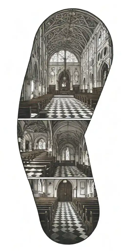 The inside of a catholic church, where you can see the benches aswell tattoo design idea