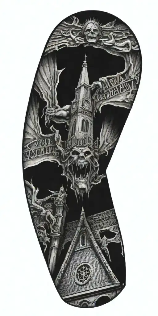 demon in a catholic church steeple reaching towards tattoo design idea
