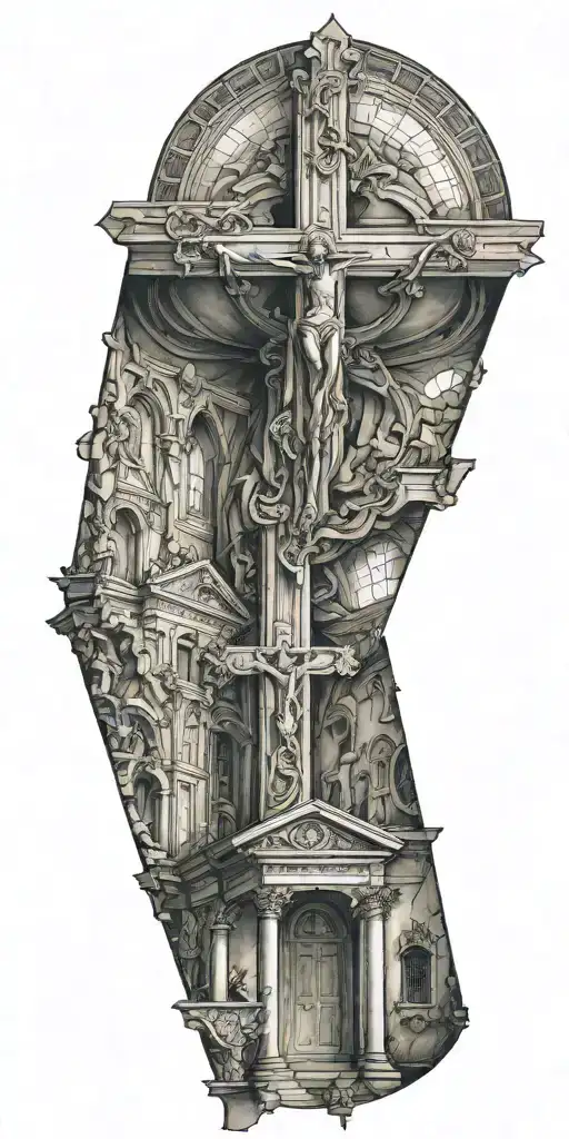 The inside of a catholic church with an upside down cross tattoo design idea