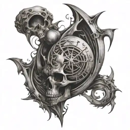 A satanic interpretation of a famous piece of art combined with music elements tattoo design idea