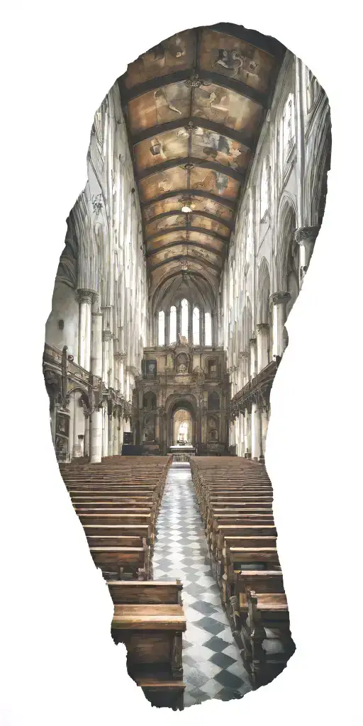 The inside of a catholic church, where you can see the benches aswell, add people inside the church  tattoo design idea