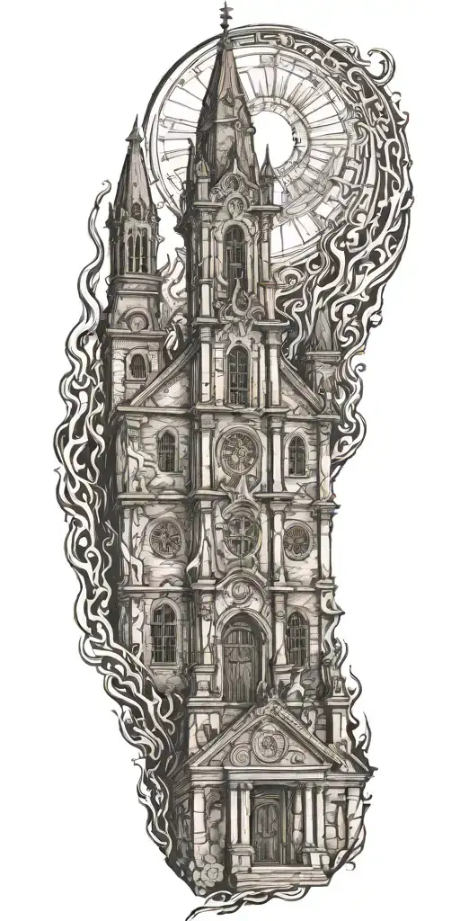 burning church, with lots of details tattoo design idea