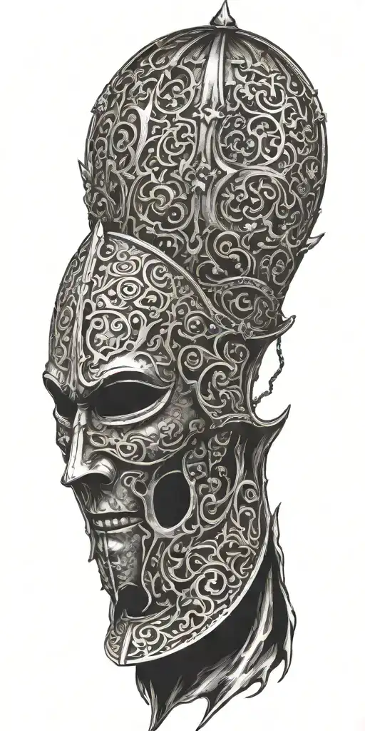 The mask of king baldwin iv jurusalem in the same picture as a burning church, with lots of details tattoo design idea