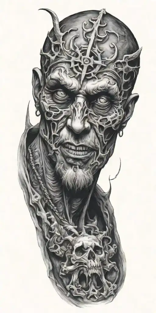 A satanic creature in an catholic artstyle tattoo design idea