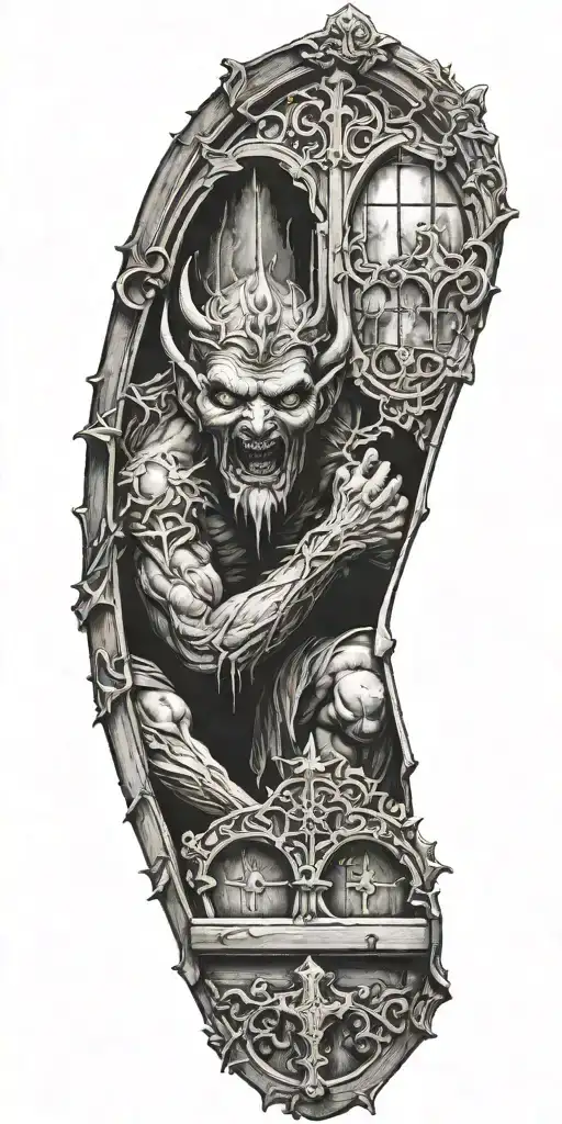 demon in a catholic church window tattoo design idea