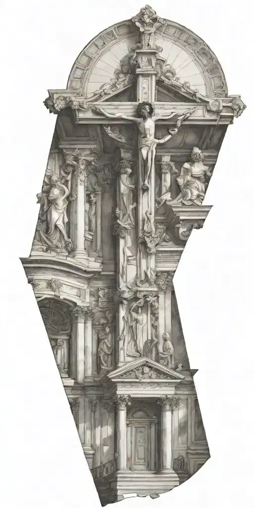 The inside of a catholic church with an upside down cross tattoo design idea