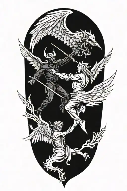 A devil beating a angel in a duel to the death tattoo design idea