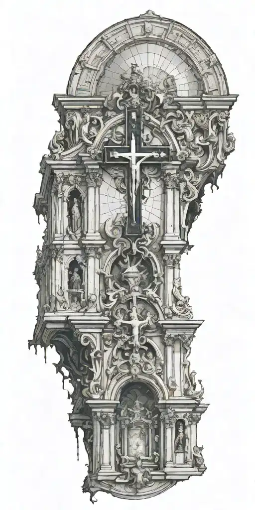 The inside of a catholic church with an upside down cross add that it is burning inside tattoo design idea