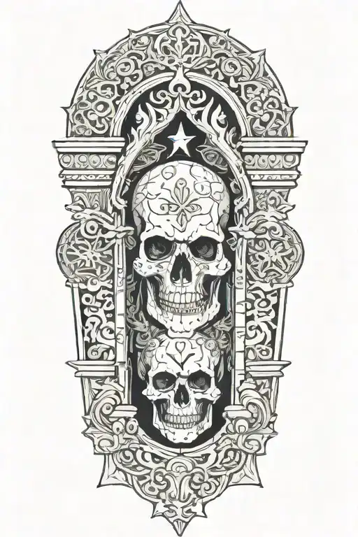 a gotich shrine with skulls surrounded tattoo design idea