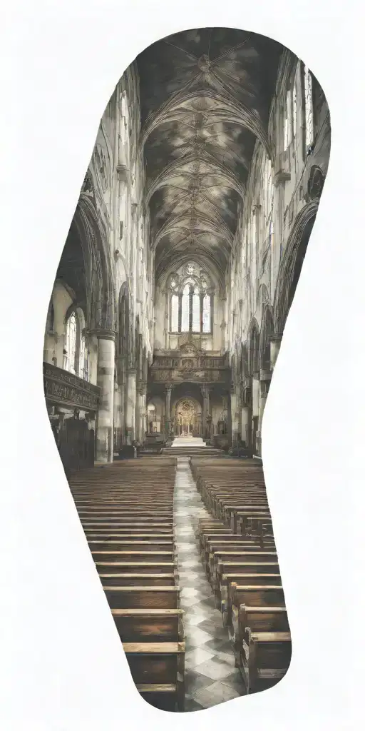 The inside of a catholic church, where you can see the benches aswell, add people inside the church  tattoo design idea