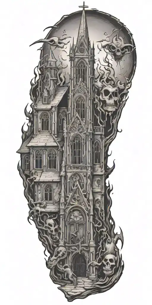 There must be a burning gothic church in the background, in an landscape, there will be satanic esc creatures like demon tattoo design idea