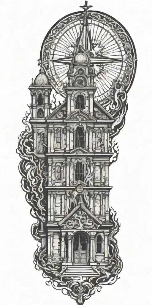 burning church, with lots of details tattoo design idea