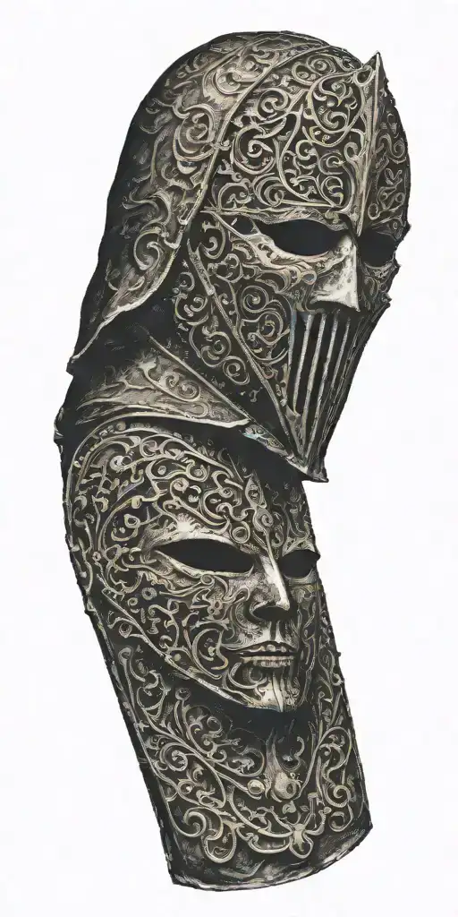 The Mask Of King Baldwin Iv Jurusalem In The Same Picture As A Burning Church, With Lots Of Details tattoo design idea