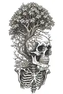  A skeleton leaning his head on a tree growing tattoo design idea