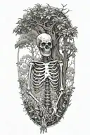  A skeleton leaning his head on a tree growing tattoo design idea