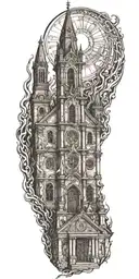 burning church, with lots of details tattoo design idea