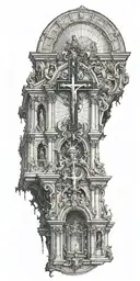The inside of a catholic church with an upside down cross add that it is burning inside tattoo design idea