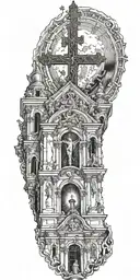 The inside of a catholic church with an upside down cross add that it is burning inside tattoo design idea