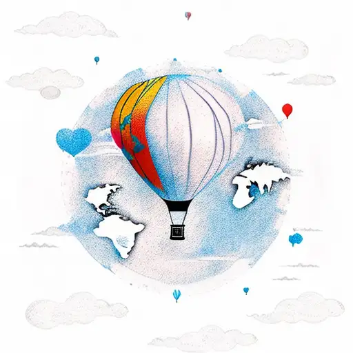 A new-school tattoo of a colorful hot air balloon flying over a map of the world, symbolizing your passion for travel and love for dogs tattoo design idea