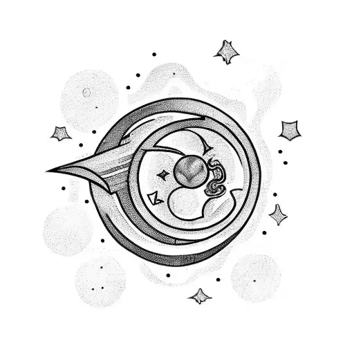 Simple Saturn planet with Capricorn, zodiac sign and a small butcher, knife and letter r small tattoo design idea