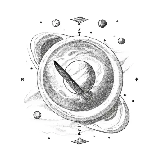 Simple Saturn planet with Capricorn, zodiac sign and a small butcher, knife and letter r small tattoo design idea