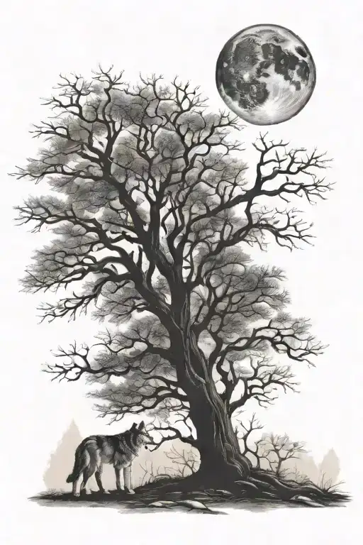 A wolf under a tall tree under the moonlight, at night tattoo design idea