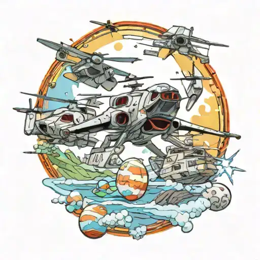 Star Wars theme space battle Jedi and sith fighting with Easter eggs of Apache helicopters and Hawaii scenery. Colorful  tattoo design idea