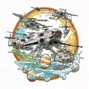 Star Wars theme space battle Jedi and sith fighting with Easter eggs of Apache helicopters and Hawaii scenery. Colorful  tattoo design idea