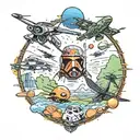 Star Wars theme space battle Jedi and sith fighting with Easter eggs of Apache helicopters and Hawaii scenery. Colorful  tattoo design idea