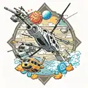 Star Wars theme space battle Jedi and sith fighting with Easter eggs of Apache helicopters and Hawaii scenery. Colorful  tattoo design idea