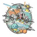 Star Wars theme space battle Jedi and sith fighting with Easter eggs of Apache helicopters and Hawaii scenery. Colorful  tattoo design idea