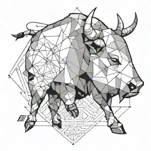 A geometric tattoo of a bull and bear symbolizing the stock market, with a subtle nod to software development symbols tattoo design idea