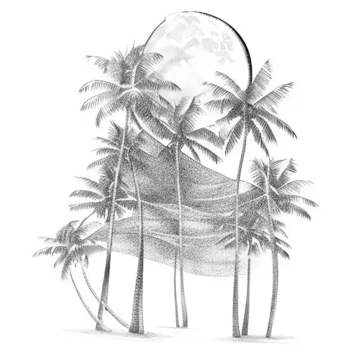 palm trees half moon waterfall tattoo design idea