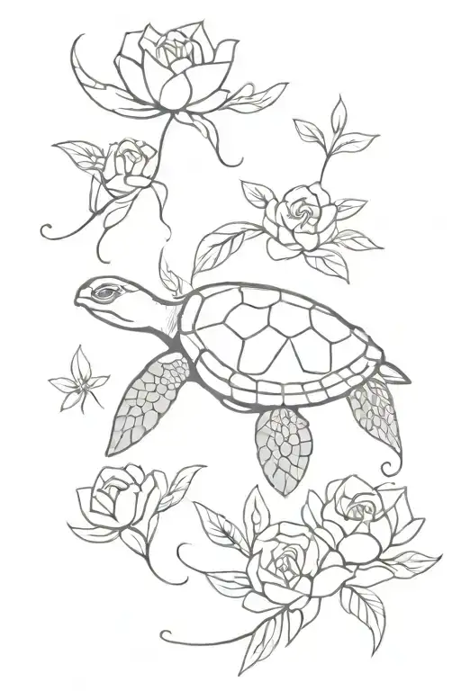 flowers and sea turtle swimming gracefully tattoo design idea