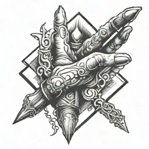 three clasped hands, one eye, a fountain pen writing an x ​​in a square tattoo design idea