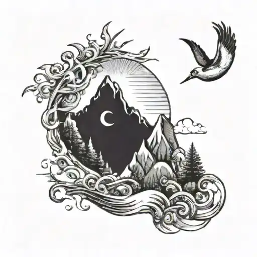 sun and moon with birds over mountains that meet the ocean and have trees tattoo design idea