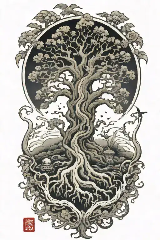 tree of life, life and death , with grave tattoo design idea
