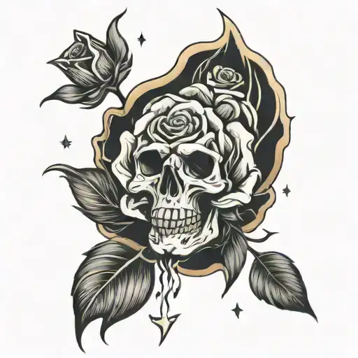Skull inside a rose with star burst in petals tattoo design idea