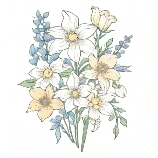 A minimalist bouquet tattoo featuring dafodil, daisy, delphinium, poppy, and narcissus tattoo design idea