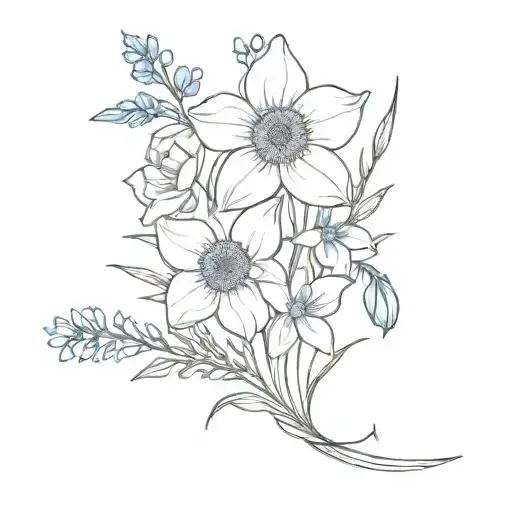 A minimalist bouquet tattoo featuring dafodil, delphinium, poppy, and narcissus and daisys tattoo design idea