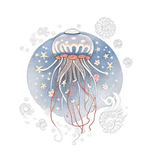 Jellyfish, stars, big moon , flowers water tattoo design idea