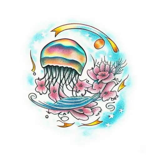 Jellyfish, stars, big moon , flowers water tattoo design idea